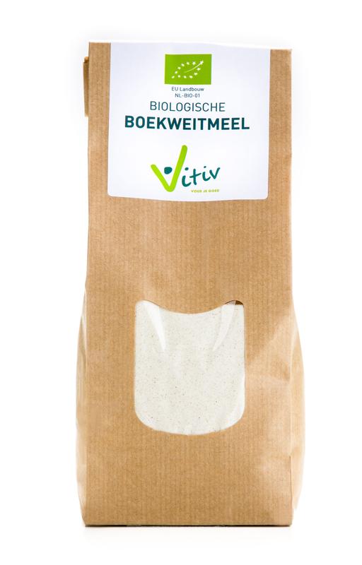Organic Vitiv buckwheat flour in a 500g package, ideal for baking and gluten-free recipes.