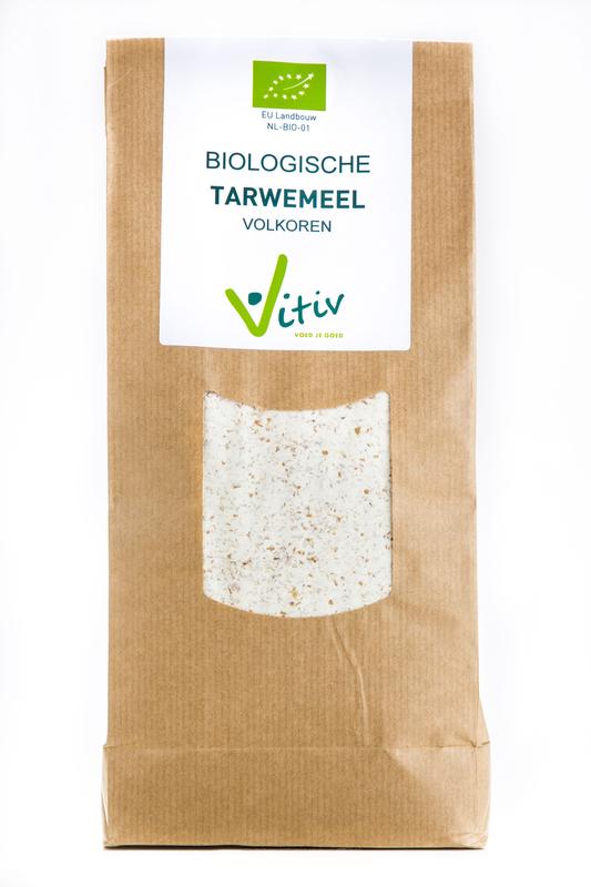 Vitiv Tarwemeel volkoren bio in 1 kg package, organic whole wheat flour for baking and cooking.