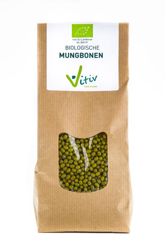 Vitiv organic mung beans in 500g package, fresh green legumes with smooth surface, suitable for cooking or salads.