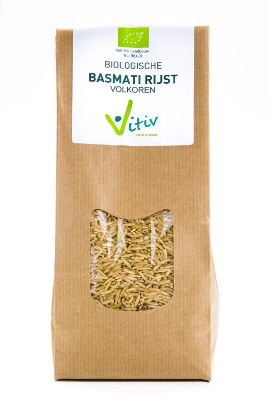 Vitiv Basmati volkoren bio rijst in 500g package, uncooked, showing long grains and natural brown color.