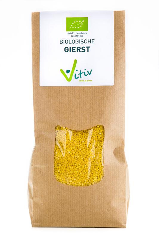 Vitiv Gierst heel bio 500g, organic millet breakfast grains, natural whole grain cereal in a clear package.