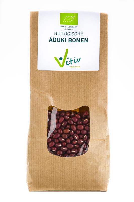 Vitiv Aduki bonen bio in 500g package, organic red aduki beans on a white background.
