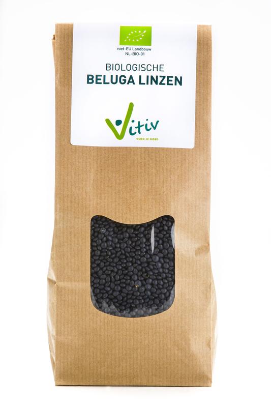 Vitiv Beluga linzen bio, 500g, organic black lentils in a clear plastic bag, healthy legume product from Vitiv.