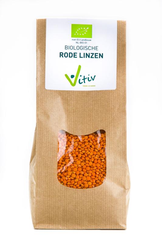 Vitiv Rode linzen bio 500g, organic red lentils in a clear bag, suitable for healthy cooking and vegetarian dishes