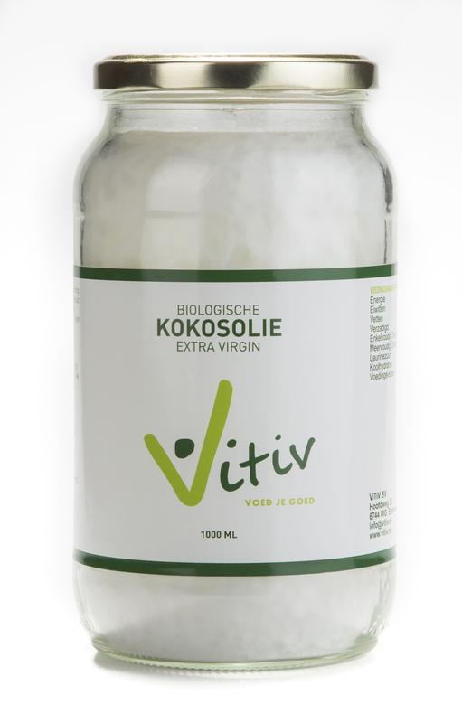 Vitiv extra virgin organic coconut oil in a 500ml bottle, showing the label and transparent container with coconut oil inside.