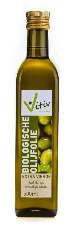 Vitiv Spaans extra virgin bio olijfolie in 500ml bottle, showcases green olive oil with a clear glass container.