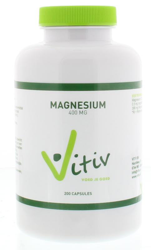 Vitiv Magnesium 400mg mineral capsules, 200-count, showing the bottle with capsules inside.