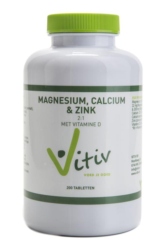 Vitiv Magnesium, Calcium, Zinc mineral supplement tablets in a bottle, dietary multivitamin and mineral complex.