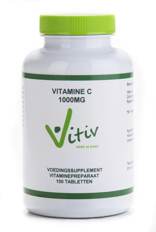 Vitiv Vitamine C1000 tablets, single-ingredient vitamin supplement in a bottle, showing the label and tablets inside.