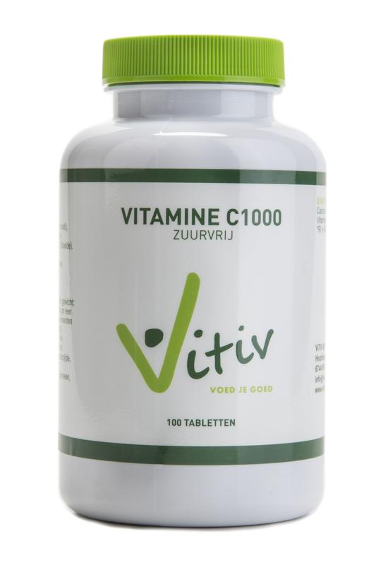 Vitiv Vitamine C1000 zuurvrije tabletten, vitamin supplement in a white bottle with tablets visible inside
