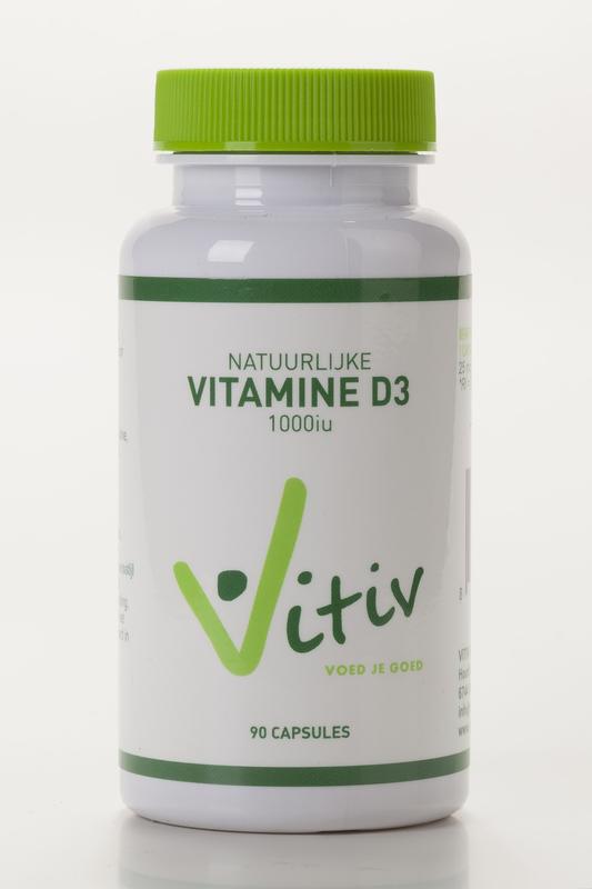 Vitiv Vitamine D3 1000IU supplement in a bottle of 180 capsules, showing the product label and capsules inside