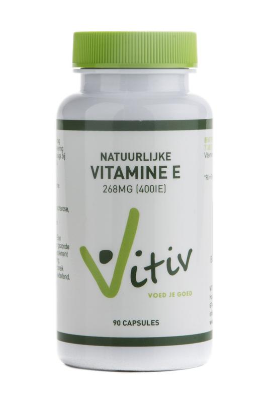 Vitiv Vitamine E400 capsules in a bottle, dietary supplement for skin and antioxidant support, shown with label details.