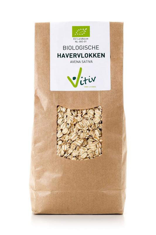 Vitiv bio havervlokken ontbijtgranen in 1 kg package, close-up of rolled oats in a clear bowl, natural and wholesome appearance.