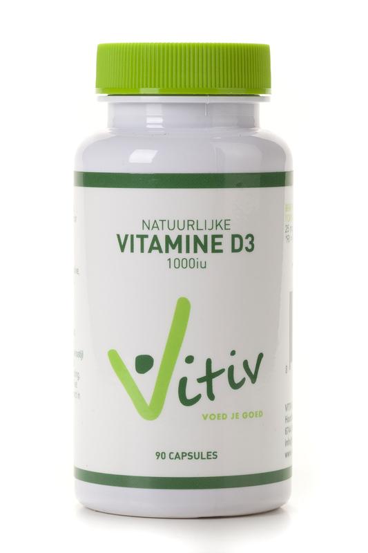 Vitiv Vitamine D3 1000IU capsules, a bottle of 90 softgel dietary supplements for immune support and bone health.