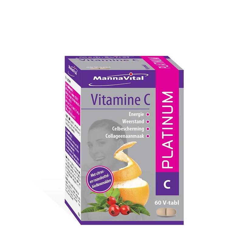 Mannavital Vitamine C Platinum 60 tablets, natural supplement with orange-flavored tablets for immune support.