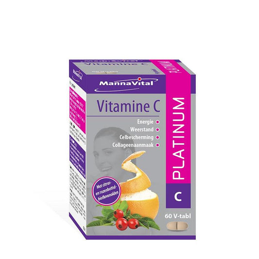 Mannavital Vitamine C Platinum 60 tablets, natural supplement with orange-flavored tablets for immune support.