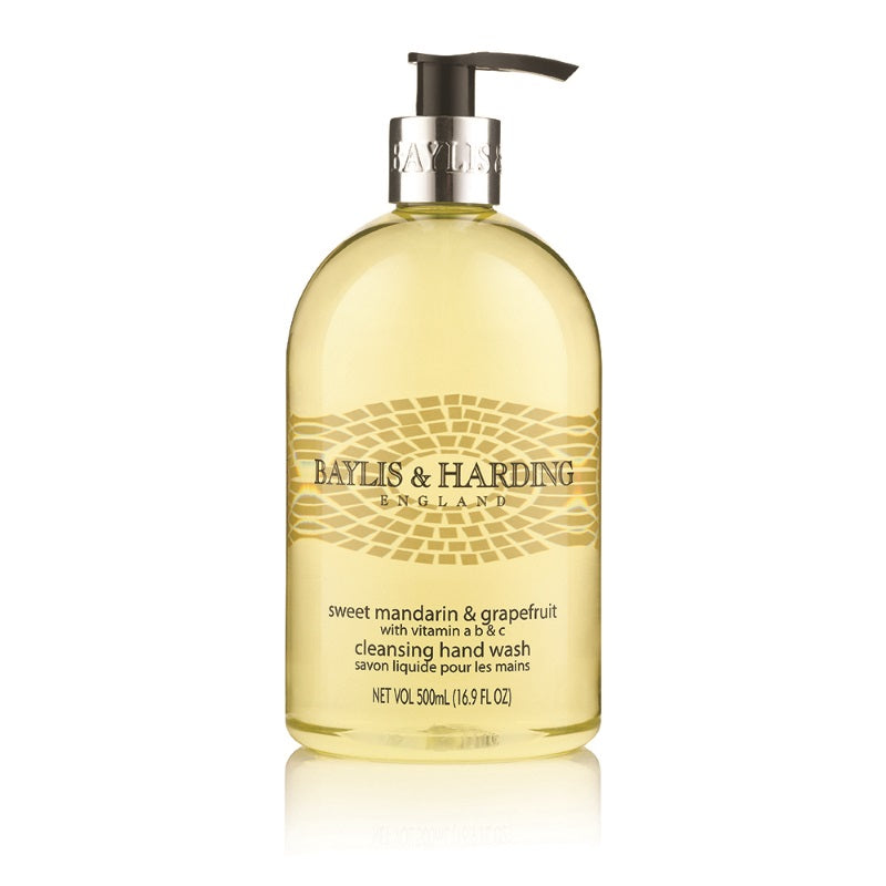 Baylis & Harding Mosaic mandarin and grapefruit hand soap in a 500ml bottle, with a decorative label and pump dispenser.