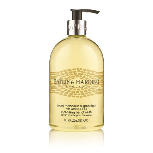 Baylis & Harding Mosaic mandarin and grapefruit hand soap in a 500ml bottle, with a decorative label and pump dispenser.