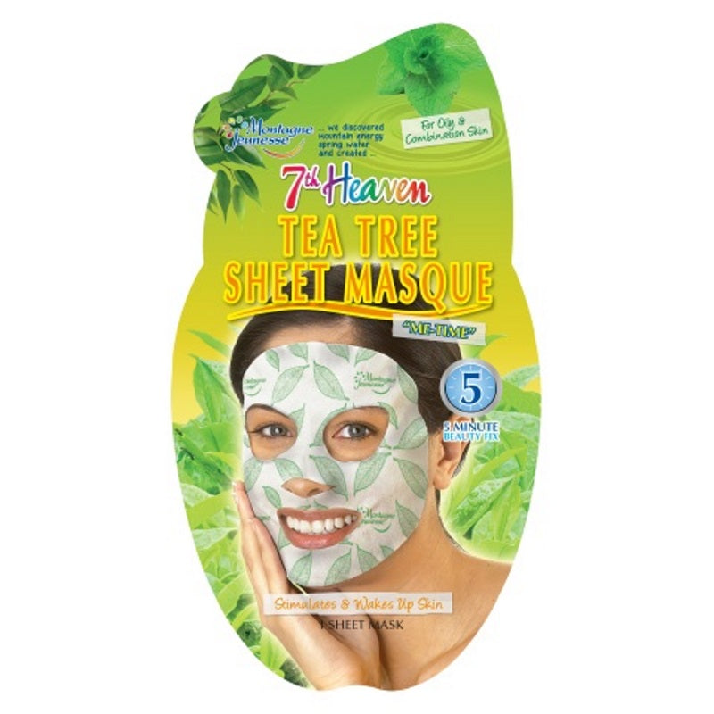 Montagne 7th Heaven tea tree sheet gezichtsmasker, 16g, laid flat showing the packaging with natural ingredients visible.