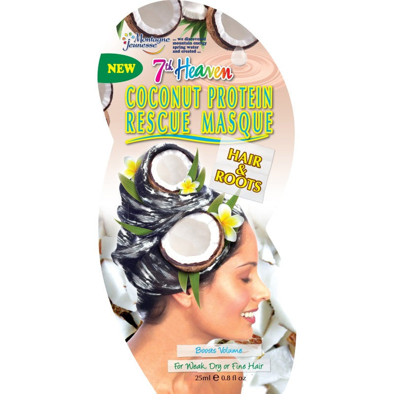 Montagne 7th Heaven coconut protein hair mask in a 25ml container, featuring creamy texture and coconut scent for nourishing hair care.
