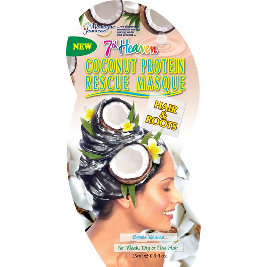 Montagne 7th Heaven coconut protein hair mask in a 25ml container, featuring creamy texture and coconut scent for nourishing hair care.