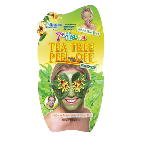 Montagne 7th Heaven tea tree peel-off face mask in 10ml tube, natural skincare product for deep cleansing and pore care.