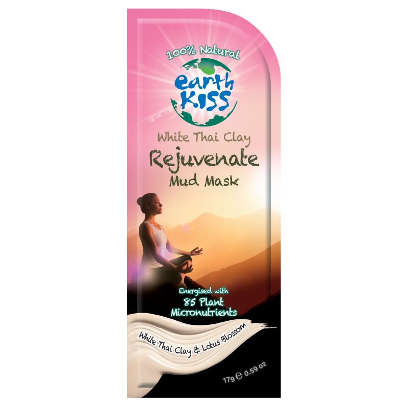 Earth Kiss white Thai clay face mask in 17g jar, rejuvenating mud for skincare and facial treatment.