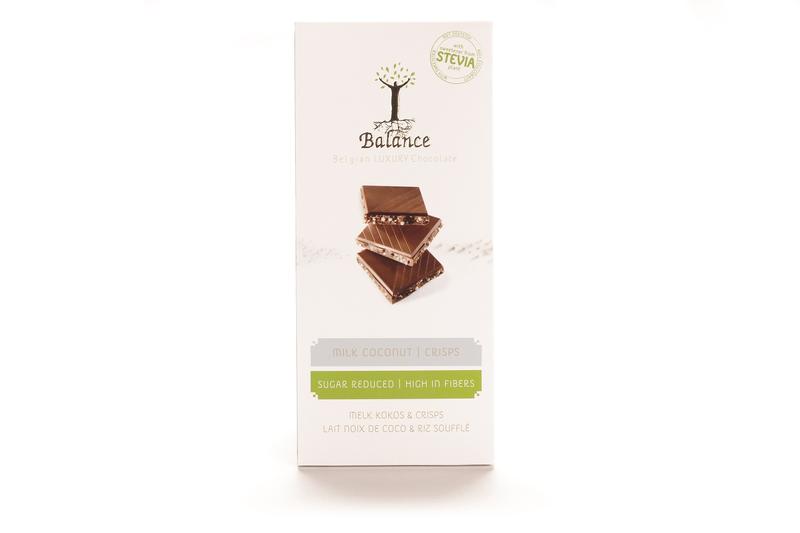 Balance Choco stevia chocolate tablet with milk and coconut cream, 85g, showcasing the chocolate bar with coconut and milk flavor.