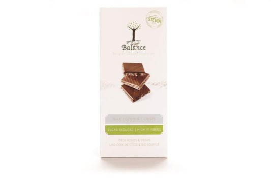 Balance Choco stevia chocolate tablet with milk and coconut cream, 85g, showcasing the chocolate bar with coconut and milk flavor.