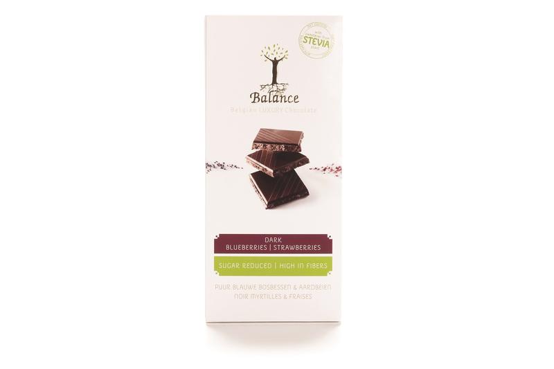 Balance Choco Stevia tablets with blueberry and strawberry flavor, 85g, featuring chocolate and fruit ingredients in a clear package.