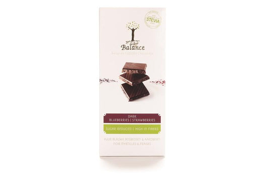 Balance Choco Stevia tablets with blueberry and strawberry flavor, 85g, featuring chocolate and fruit ingredients in a clear package.