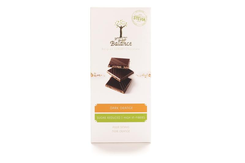 Balance Chocolate Stevia Tablet with Pure Orange flavor, 85g, featuring orange slices and chocolate pieces in a clear package.