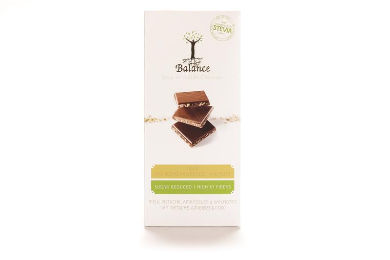 Balance Choco Stevia tablet with melk and pistache, 85g, showing the chocolate bar with pistache pieces and packaging.