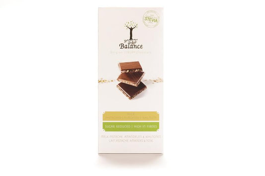 Balance Choco Stevia tablet with melk and pistache, 85g, showing the chocolate bar with pistache pieces and packaging.