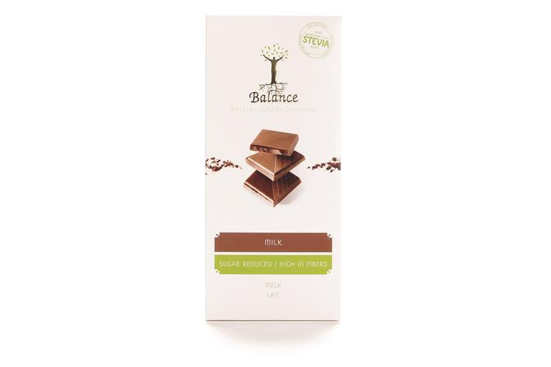 Balance Choco Stevia Tablet luxury milk chocolate bar, 85g, with smooth chocolate squares and packaging featuring the Balance brand logo.