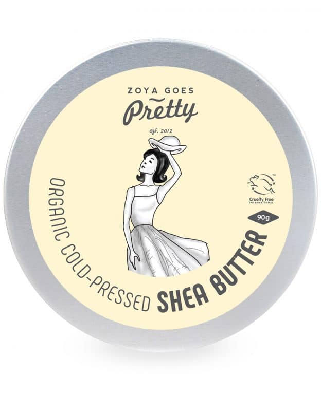 Zoya Goes Pretty Pure shea body butter 90g jar, creamy texture, moisturizing body care product for smooth skin, natural ingredients.