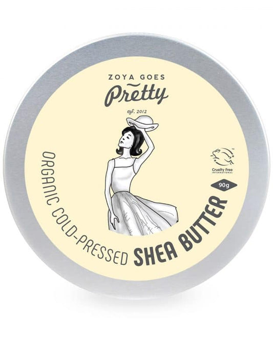 Zoya Goes Pretty Pure shea body butter 90g jar, creamy texture, moisturizing body care product for smooth skin, natural ingredients.