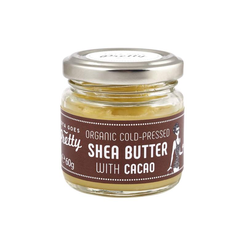 Zoya Goes Pretty Shea & cacao butter body care product in 60g container, natural ingredients for nourishing skin.