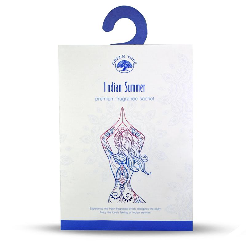 Green Tree Indian Summer Huisparfum sachet with green and beige floral design, 10 grams, for home scent enhancement.