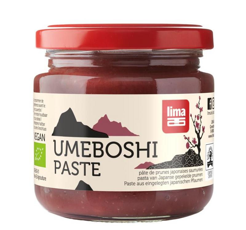 Organic Lima Umeboshi plum paste in 200g jar, a traditional Japanese sauce and flavoring for culinary use.