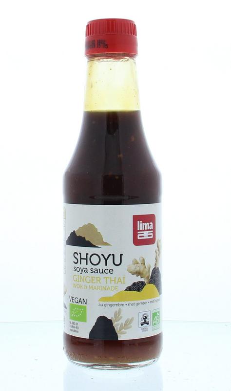 Lima Shoyu Ginger Thai bio sauce in 250ml bottle, natural soy sauce with ginger, used as a flavor enhancer and cooking ingredient.