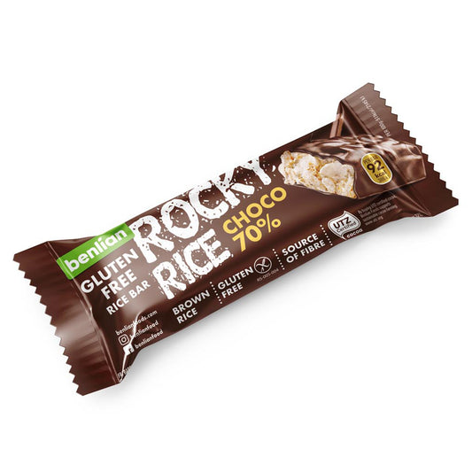 Benlian Rocky rice choco 70% gluten-free chocolate bar, 18 grams, with dark chocolate and rice ingredients visible in the image