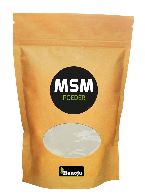 Hanoju MSM mineral powder in a 500g container, showing the white powder inside, used as a dietary supplement for joint health.
