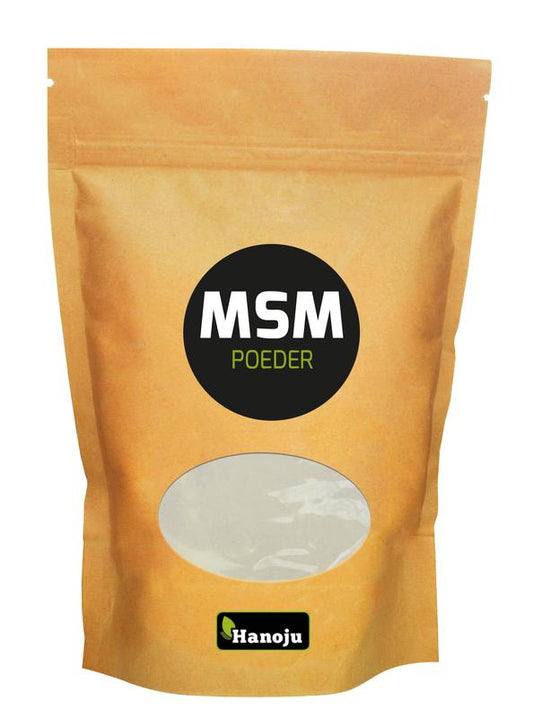 Hanoju MSM mineral powder in a 500g container, showing the white powder inside, used as a dietary supplement for joint health.
