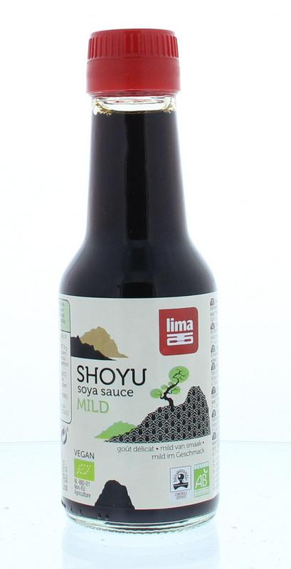 Lima bio Lima Shoyu soy sauce bottle, 145ml, in a clear glass container with a black cap and label, for cooking and seasoning.