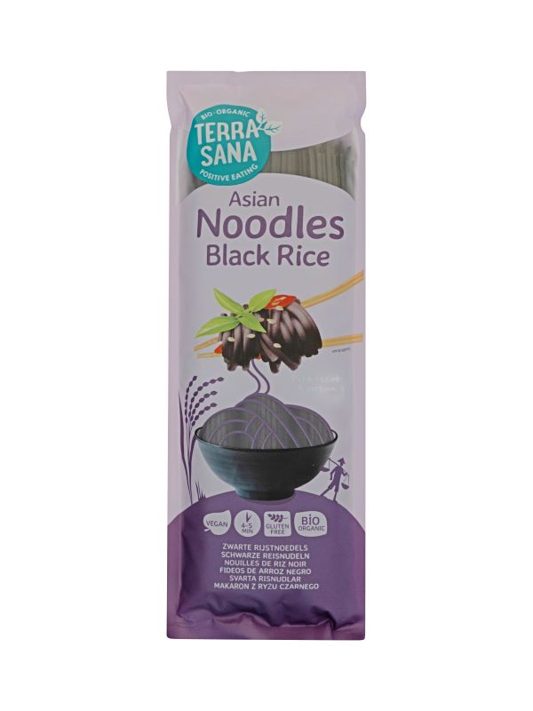 Organic black rice noodles by TerraSana, 250g, showing cooked dark rice noodles in a natural setting.