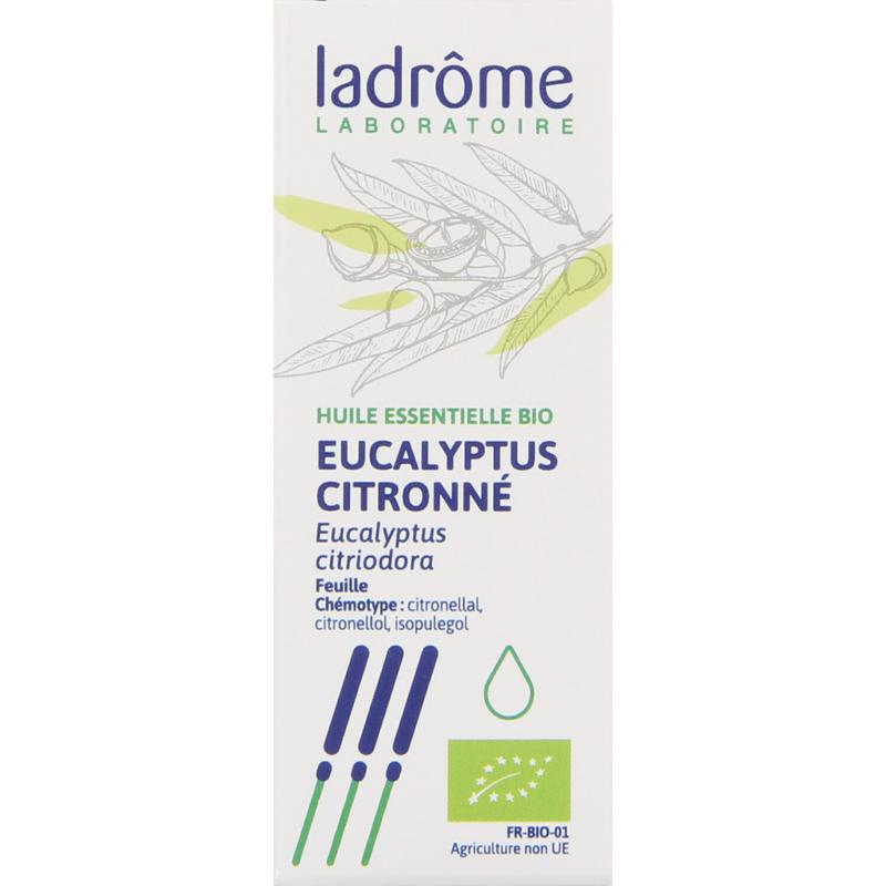 Ladrome Citroen Eucalyptus bio oil 10ml in a clear glass bottle, with eucalyptus leaves and citrus fruit illustrations.