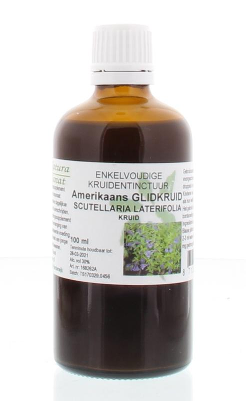 Cruydhof Scutellaria tinctuur in 100ml bottle, herbal preparation featuring Amerikan glidkruid, with label and dropper cap visible.
