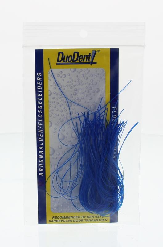 Duodent Brugnaalden fine for dental hygiene and flossing, shown in a box of 100 pieces, used for oral cleaning and interdental care.