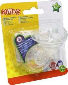 Two Nuby Eco PP anti-leak drinktuit spouts for bottles, suitable for babies 6 months and older, shown in the image.